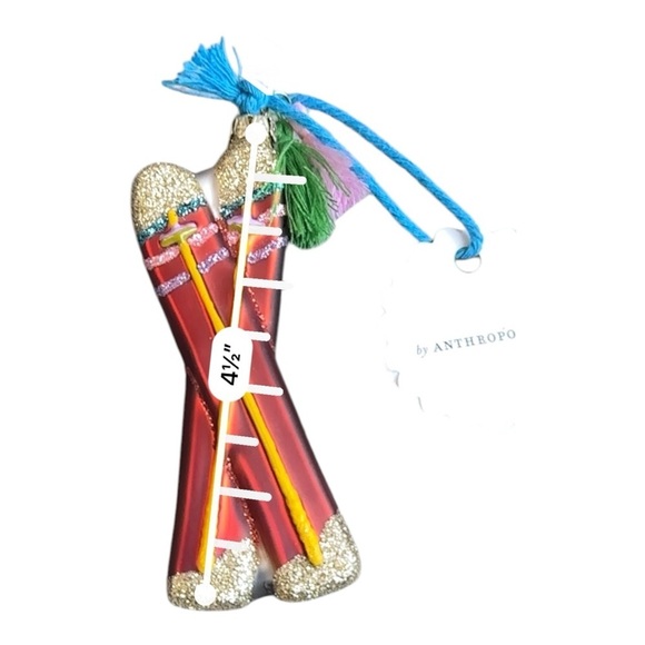 Anthropologie Skis Ornament Apres Ski Red Gold Hand Blown Glass Snow Winter NWT - Picture 3 of 3